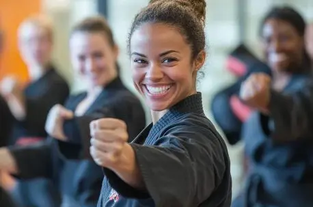 students practicing stances for self defense classes