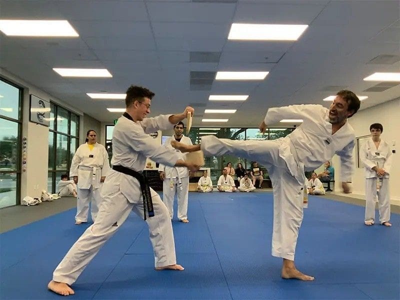 Martial arts instructors demonstrating board breaking during advanced taekwondo training