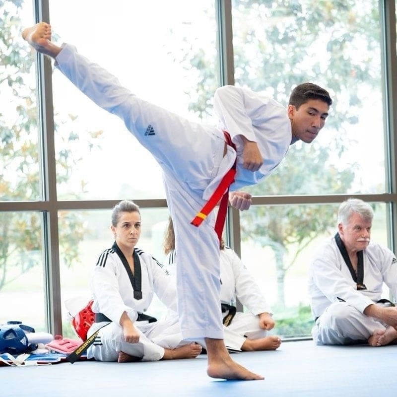 Taekwondo martial arts student performing high kick during belt testing