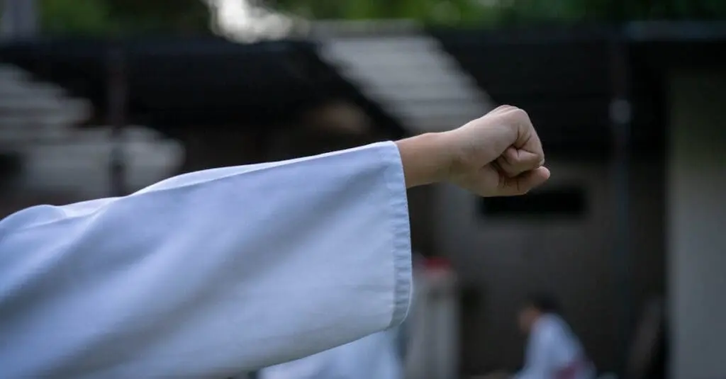 Karate student extending a straight punch during karate fundamentals practice